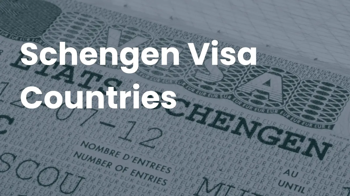 A Schengen visa stamp in a passport page with the title 'Schengen Visa Countries'