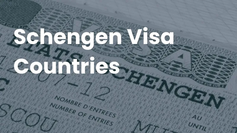 A Schengen visa stamp in a passport page with the title 'Schengen Visa Countries'