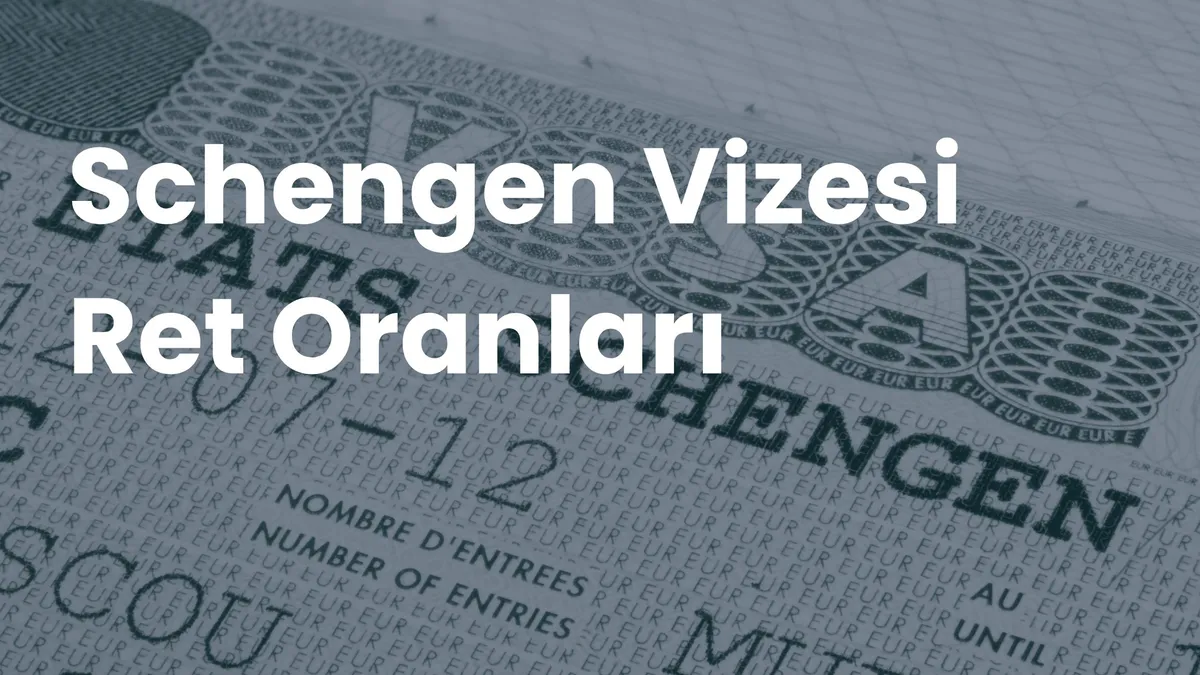 Schengen vizesi sayfası arka planında beyaz büyük harflerle 'Schengen Vizesi Ret Oranları' yazısı