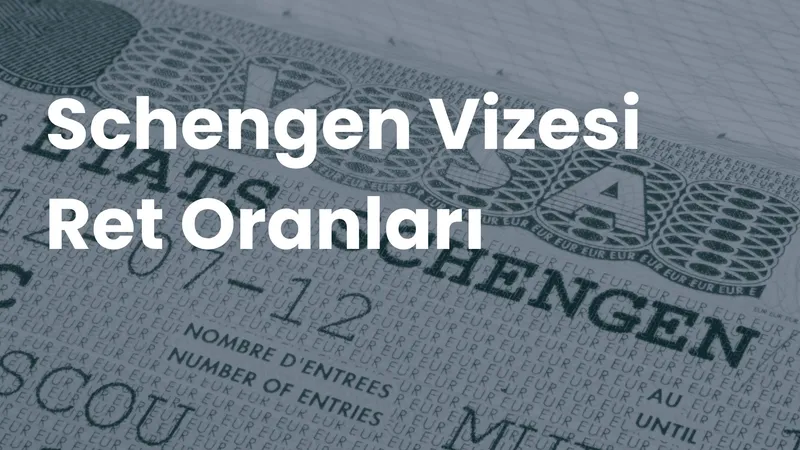 Schengen vizesi sayfası arka planında beyaz büyük harflerle 'Schengen Vizesi Ret Oranları' yazısı
